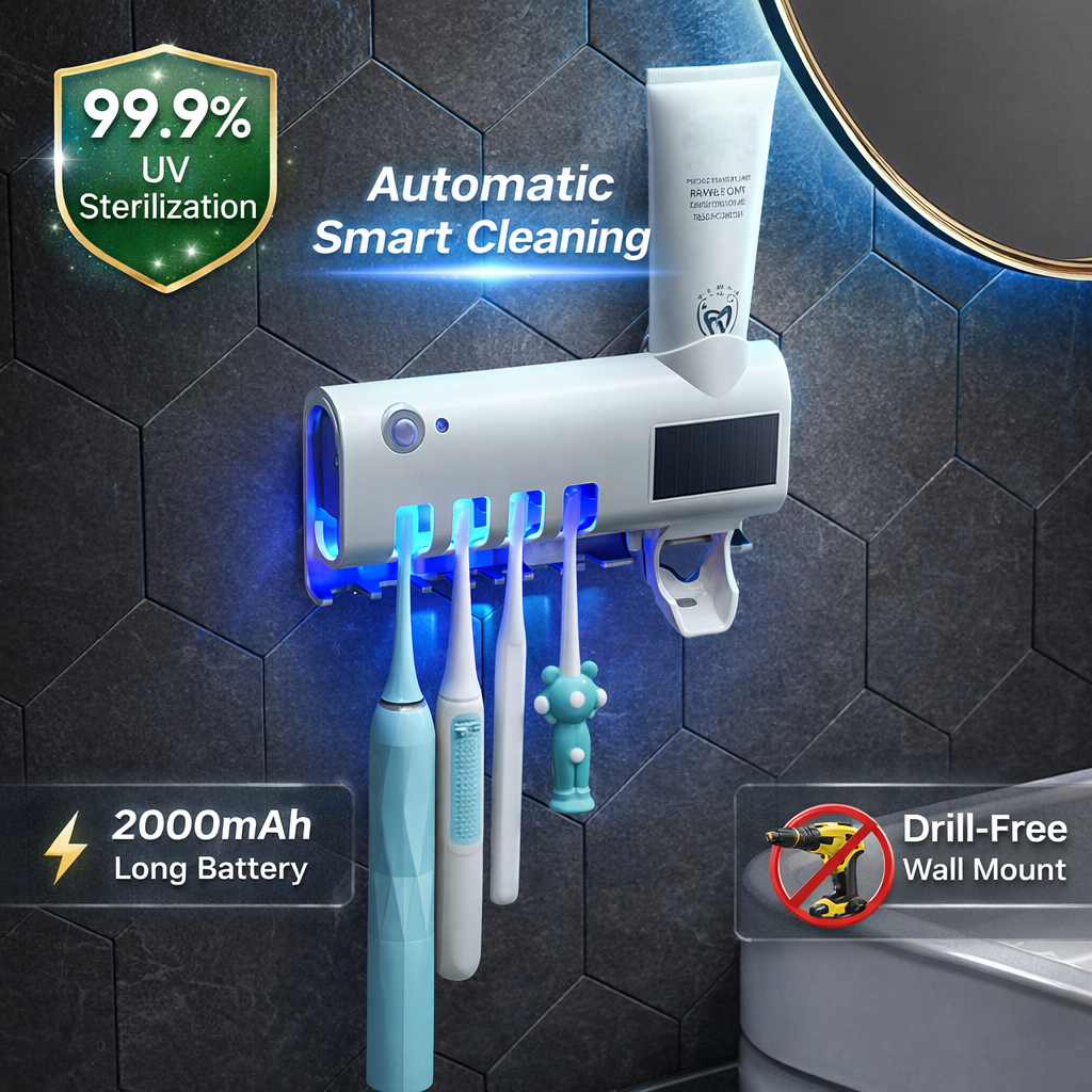 UV Toothbrush Sterilizer & Holder – Wall-Mounted, Drill-Free, Automatic Sanitizer